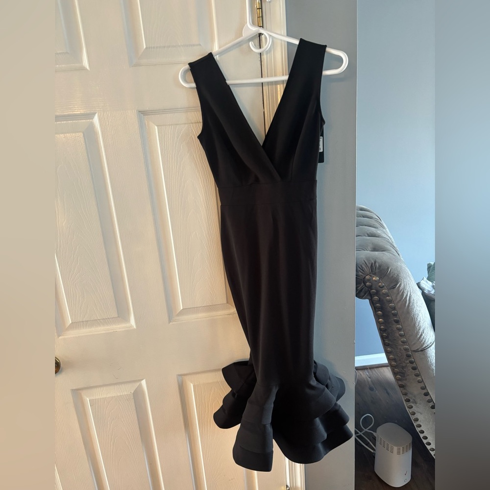 Black V-Neck Ruffle-Hem Women’s Dress